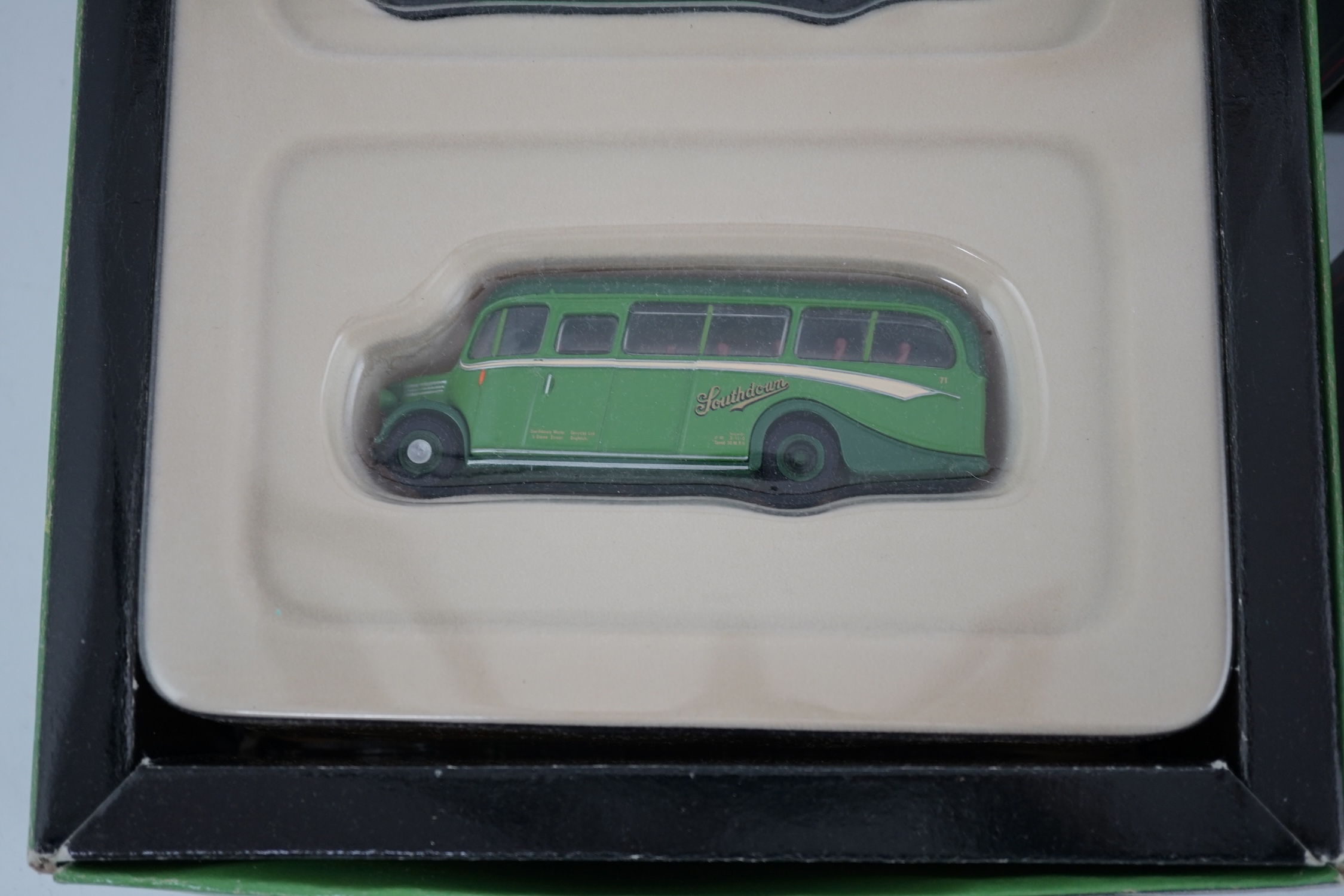 Thirty-two boxed EFE diecast buses, coaches, gift sets, etc. and one Britbus, operators including; East Kent, green line, Hants and Dorset, Southdown, National express, etc.